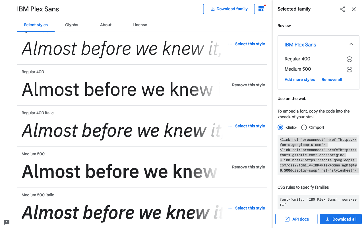 Chọn các biến thể kiểu trên Google Fonts