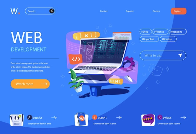 Vector web development concept in flat cartoon design for homepage layout programming and working with code creating layouts and construct software vector illustration for landing page and web banner