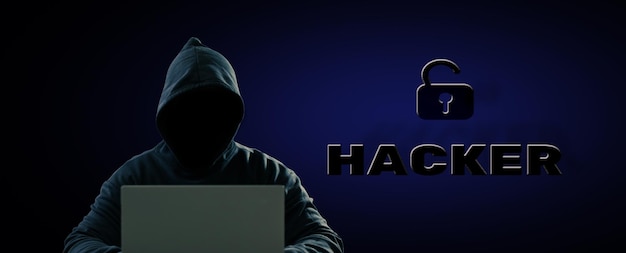Photo dangerous anonymous hackers are using laptops for identity theft.