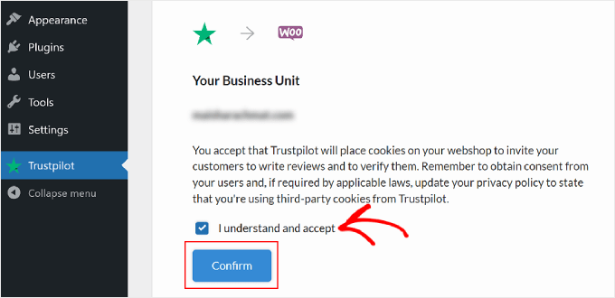 Bước xác nhận cookie khi thiết lập Trustpilot