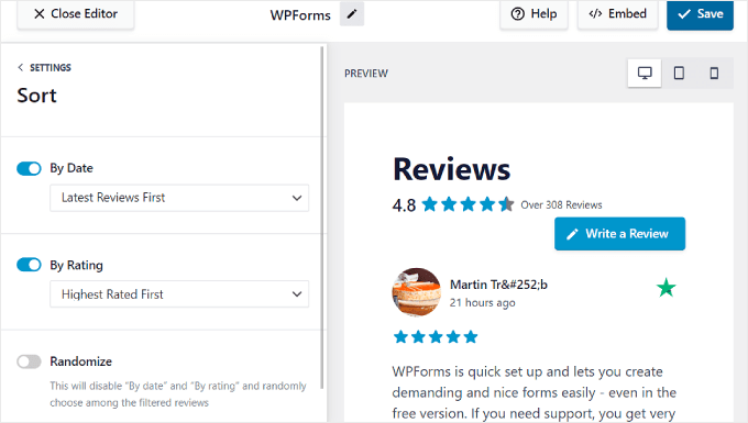 Định cấu hình cài đặt sắp xếp hiển thị đánh giá bằng cách sử dụng plugin Reviews Feed Pro